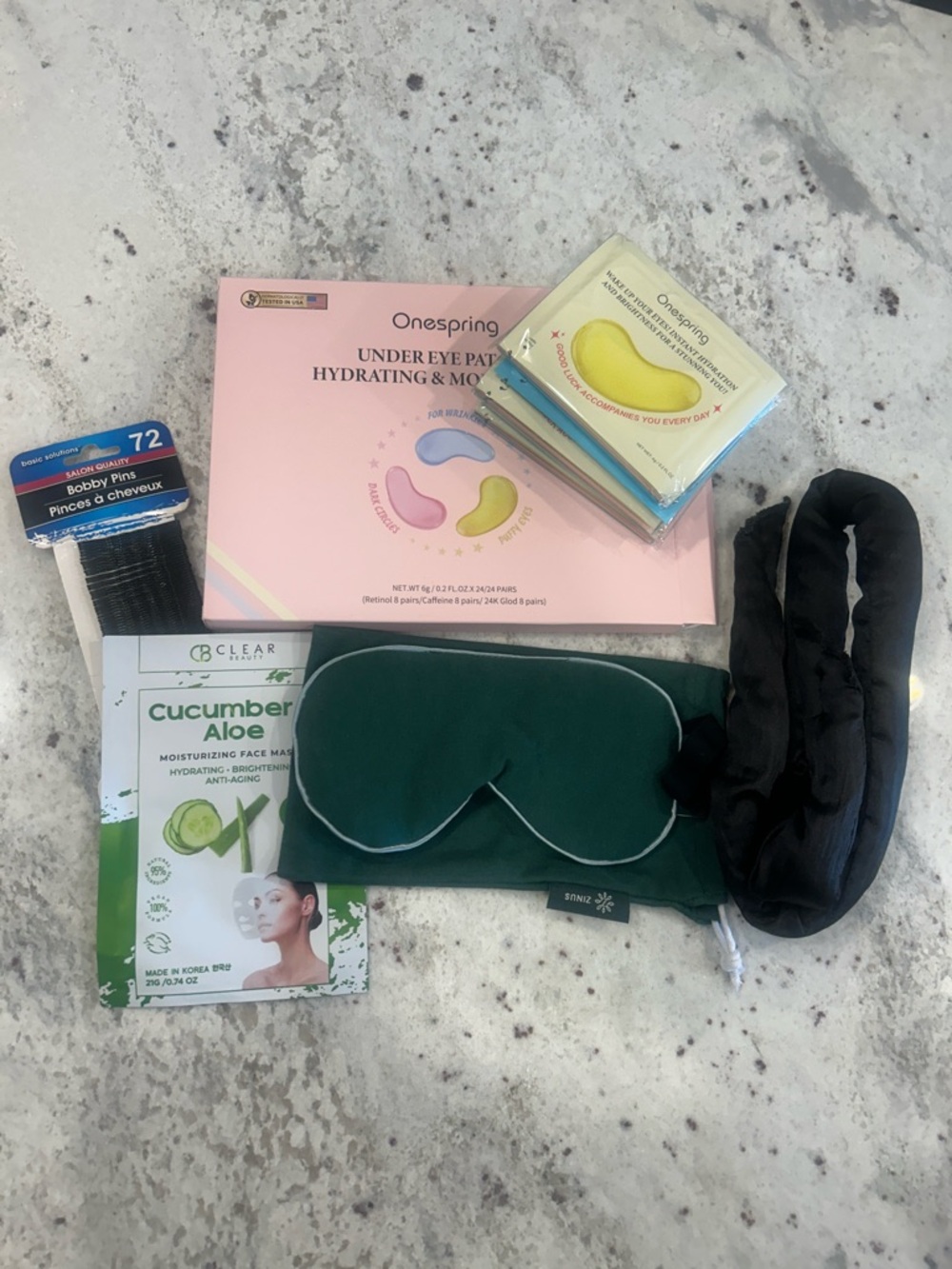 Onespring hydrating eye mask, Zinus sleep mask, Bobby pins, face mask